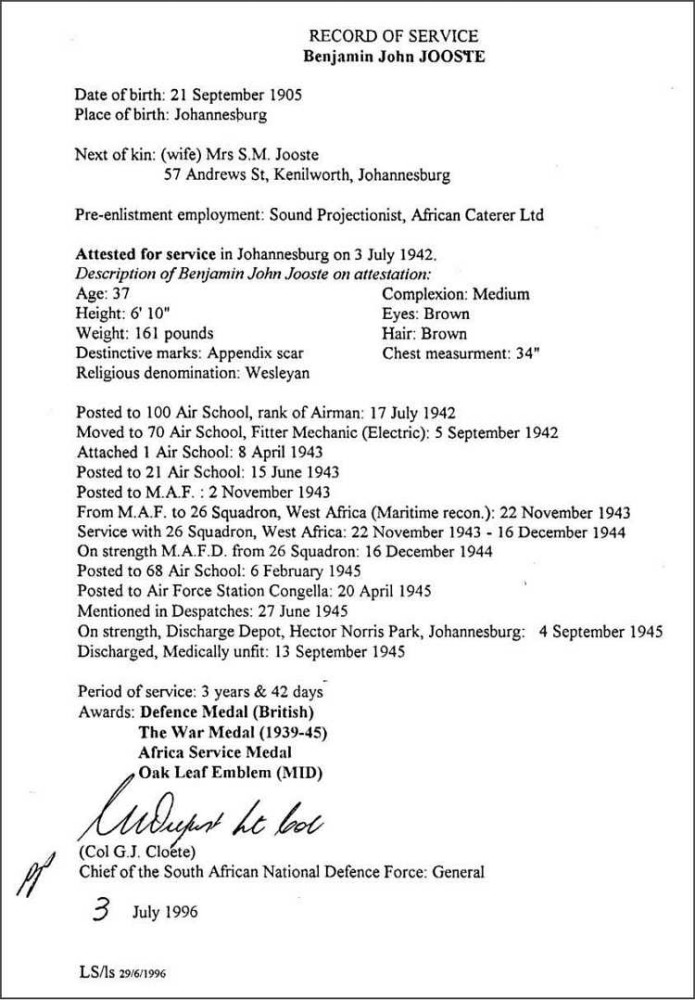 Ben Jooste 20. Record of Service